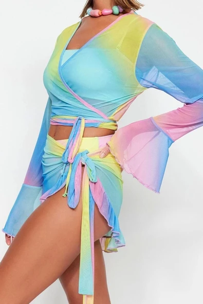 Moda Dokuma Degrade V Yaka Plaj Degrade Desenli Vücuda Oturan Örme Bağlamalı Mesh Bluz Etek Takım - 3