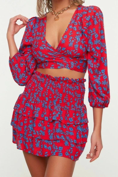 Moda Dokuma Baskılı Bisiklet Yaka Günlük Ev Dokuma Fırfırlı Bluz Etek Takım