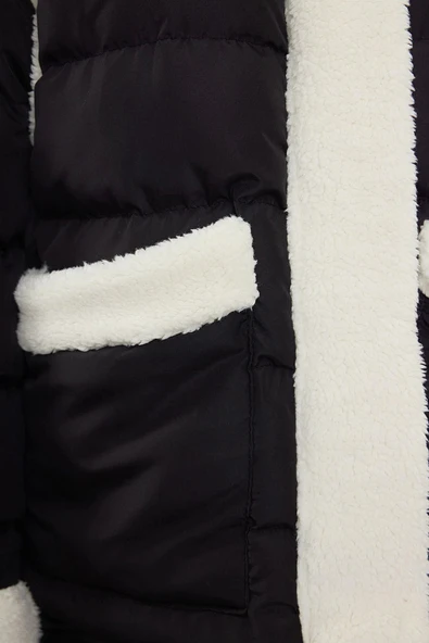 Tasarım Düz Astarlı Yaka Midi Regular Dik Kadın Regular Peluş Detaylı Şişme Mont - 4