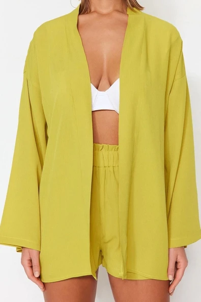 Moda Dokuma Düz V Yaka Plaj Yağ Yeşil Dokuma Kimono Şort Takım