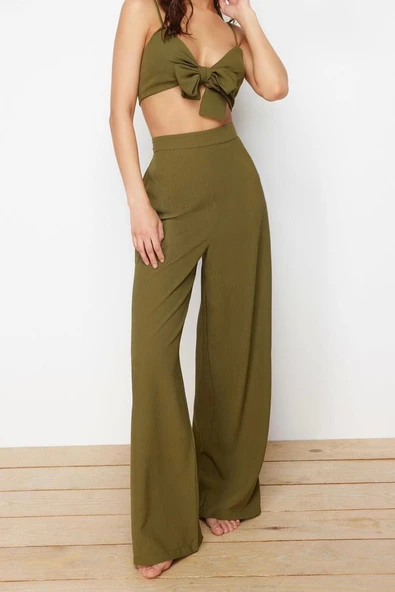 Moda Dokuma Düz Kalp Yaka Plaj Dokuma Bağlamalı Bluz Pantolon Takım