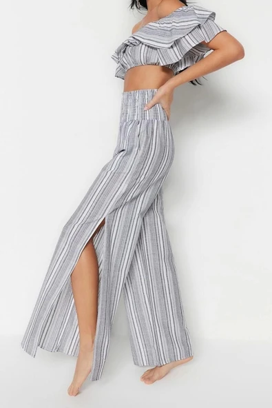 Moda Çizgili Straplez Düşük Kol Plaj Gri Çizgili Dokuma Fırfırlı Bluz Pantolon Takım - 4