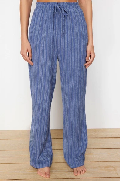 Moda Dokuma Düz V Yaka İnce Askılı Plaj Dokuma Bluz Pantolon Takım - 5