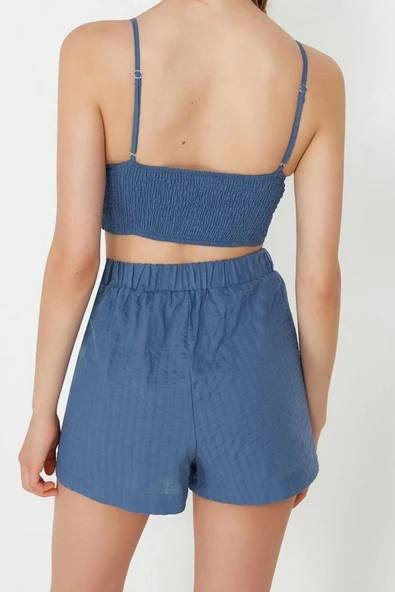 Moda Dokuma Düz V Yaka Plaj Dokuma Aksesuarlı Bluz Şort Takım - 5