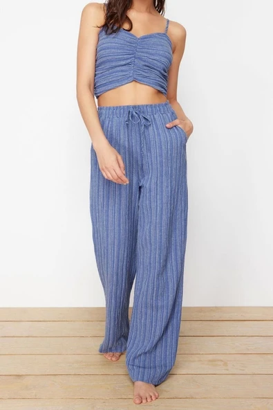 Moda Dokuma Düz V Yaka İnce Askılı Plaj Dokuma Bluz Pantolon Takım - 3