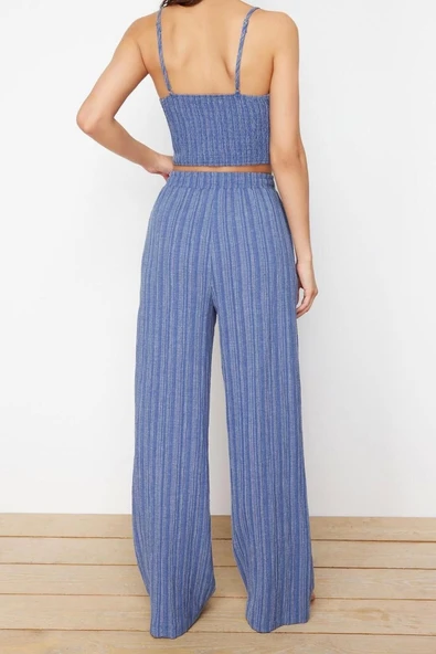 Moda Dokuma Düz V Yaka İnce Askılı Plaj Dokuma Bluz Pantolon Takım - 6