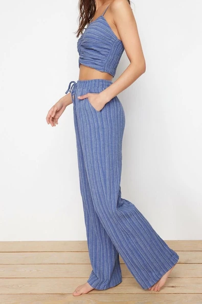 Moda Dokuma Düz V Yaka İnce Askılı Plaj Dokuma Bluz Pantolon Takım - 4