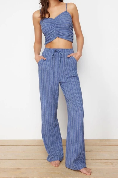 Moda Dokuma Düz V Yaka İnce Askılı Plaj Dokuma Bluz Pantolon Takım - 2