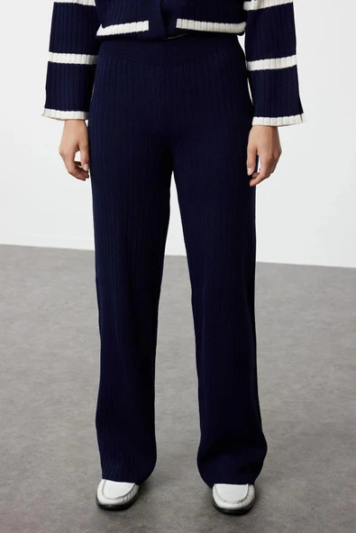 Moda Triko Çizgili V Yaka Düşük Kol Casual Günlük Fitil Örgü Triko Hırka-Pantolon Alt-Üst Takım - 4