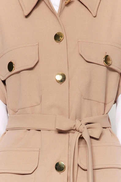 Moda Düz Gömlek Yaka Casual Günlük Vizon Altın Düğmeli Yelek-Pantolon Örme Alt Üst Takım - 4
