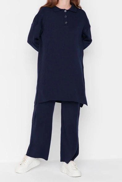Moda Triko Yüksek Bel Düz Polo Yaka Düşük Kol Casual Günlük Polo Yaka Tunik-Pantolon Triko Takım