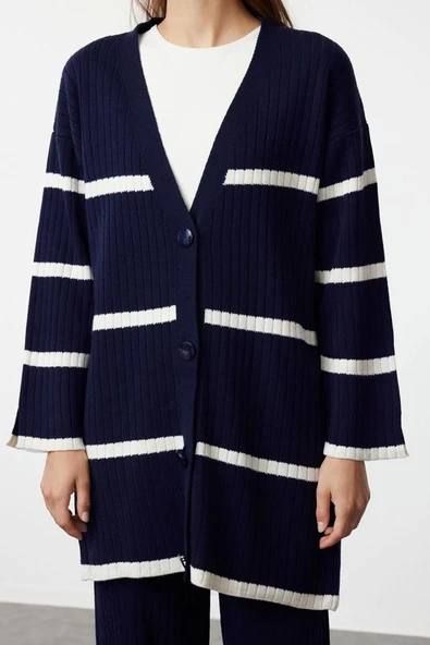 Moda Triko Çizgili V Yaka Düşük Kol Casual Günlük Fitil Örgü Triko Hırka-Pantolon Alt-Üst Takım - 3
