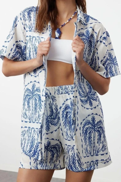 Moda Dokuma Etnik Gömlek Yaka Plaj Mavi-Etnik Dokuma 100% Polyester - 2