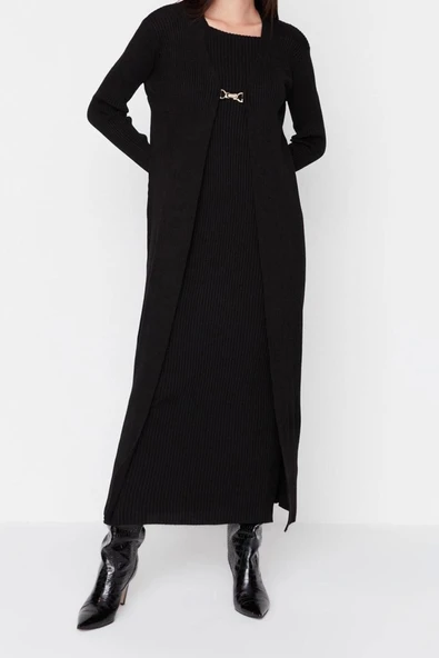 Moda Triko Düz Bisiklet Yaka Casual Günlük Siyah Fitilli Elbise-Hırka Triko Takım - 2