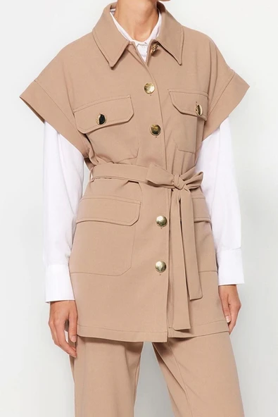 Moda Düz Gömlek Yaka Casual Günlük Vizon Altın Düğmeli Yelek-Pantolon Örme Alt Üst Takım - 3