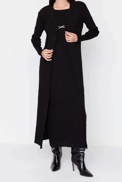 Moda Triko Düz Bisiklet Yaka Casual Günlük Siyah Fitilli Elbise-Hırka Triko Takım