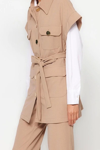 Moda Düz Gömlek Yaka Casual Günlük Vizon Altın Düğmeli Yelek-Pantolon Örme Alt Üst Takım - 2