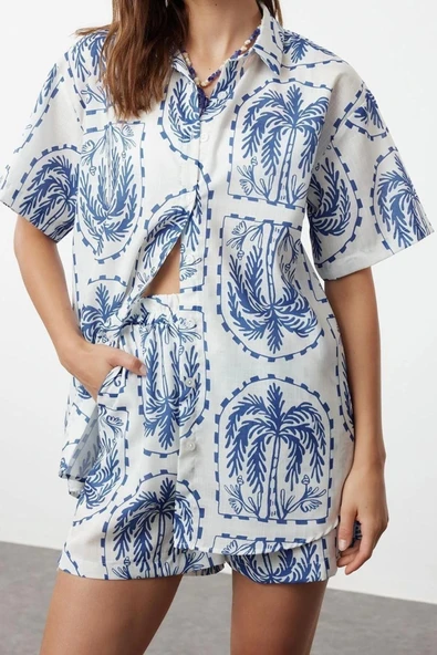 Moda Dokuma Etnik Gömlek Yaka Plaj Mavi-Etnik Dokuma 100% Polyester - 3