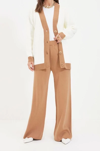 Moda Yüksek Bel Renk Bloklu V Yaka Düşük Kol Casual Günlük Şerit Detaylı Hırka-Pantolon Triko Takım
