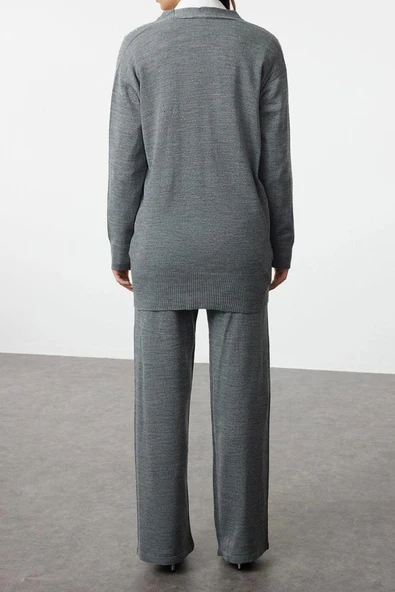 Moda Triko Düz V Yaka Düşük Kol Casual Günlük Taşlı Hırka-Pantolon Triko Alt-Üst Takım - 5
