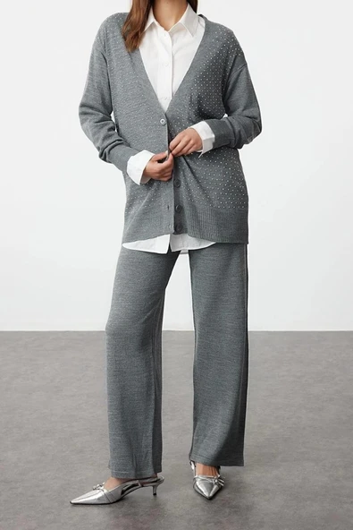 Moda Triko Düz V Yaka Düşük Kol Casual Günlük Taşlı Hırka-Pantolon Triko Alt-Üst Takım