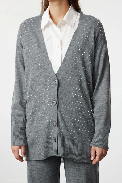 Moda Triko Düz V Yaka Düşük Kol Casual Günlük Taşlı Hırka-Pantolon Triko Alt-Üst Takım - 3