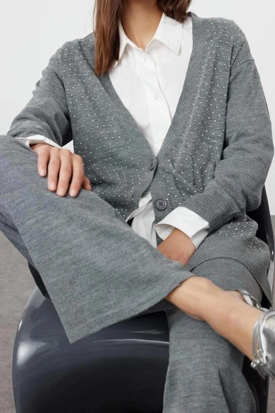 Moda Triko Düz V Yaka Düşük Kol Casual Günlük Taşlı Hırka-Pantolon Triko Alt-Üst Takım - 2