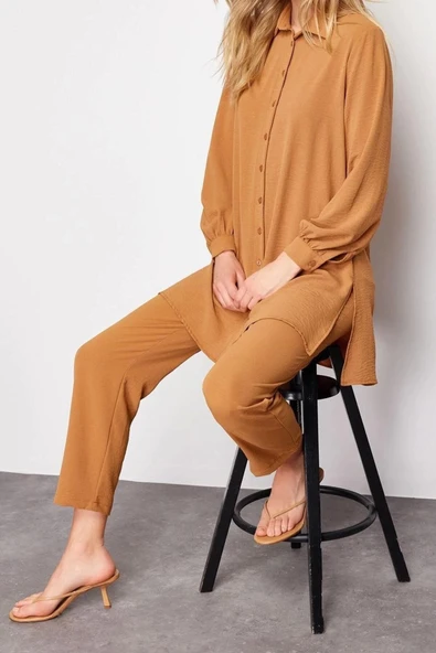 Moda Yüksek Bel Gömlek Yaka Düşük Kol Casual Günlük Koyu Kol Detaylı Gömlek-Pantolon Dokuma Takım - 2