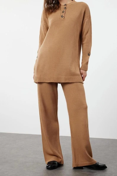 Moda Triko Düz Bisiklet Yaka Casual Günlük Triko Kazak Pantolon Alt-Üst Takım