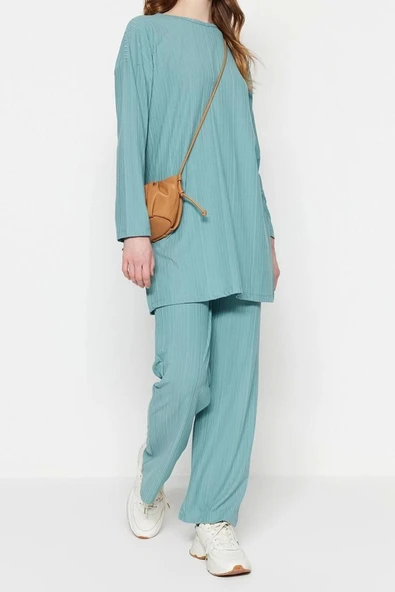 Moda Örme Düz Bisiklet Yaka Casual Günlük Mint Piliseli Tunik-Pantolon Örme Takım