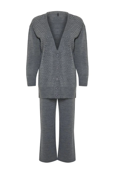 Moda Triko Düz V Yaka Düşük Kol Casual Günlük Taşlı Hırka-Pantolon Triko Alt-Üst Takım - 6