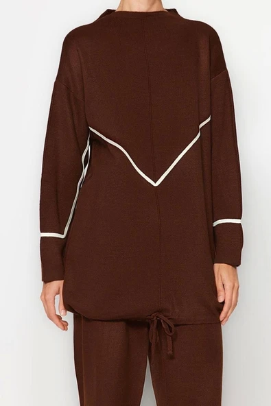 Moda Düz Dik Yaka Düşük Kol Casual Günlük Bağlama Detaylı Çizgili Triko Alt-Üst Takım - 2