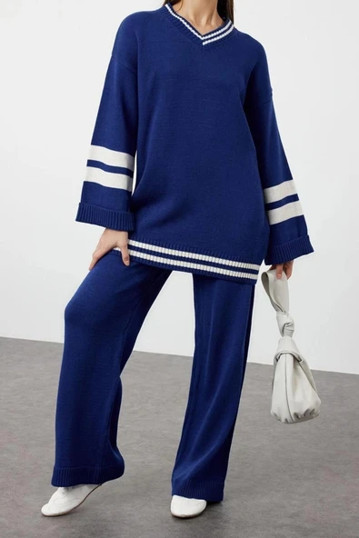 Moda Renk Bloklu Düşük Kol Casual Günlük Indigo Renk Bloklu Çizgili Triko Alt-Üst Takım