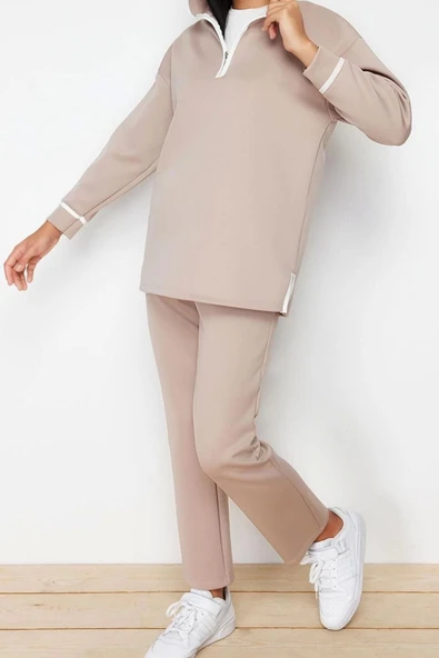 Moda Örme Düz Casual Günlük Taş Kapüşonlu Şerit Detaylı Dalgıç Scuba Örme Alt-Üst Takım - 2
