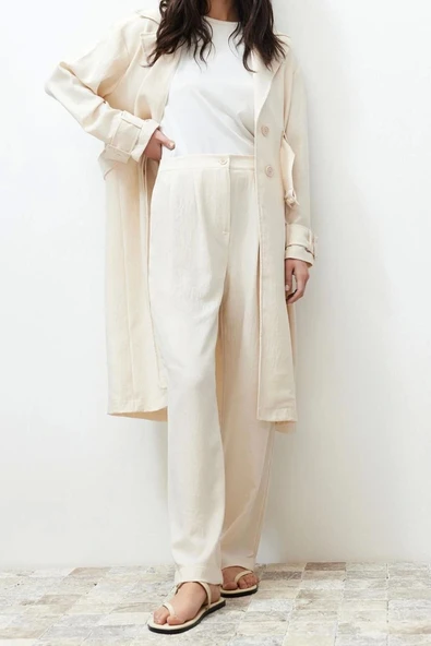 Moda Ceket Yaka Düşük Kol Casual Günlük Taş Trenç Detaylı Kimono Pantolon Dokuma Alt Üst Takım - 3