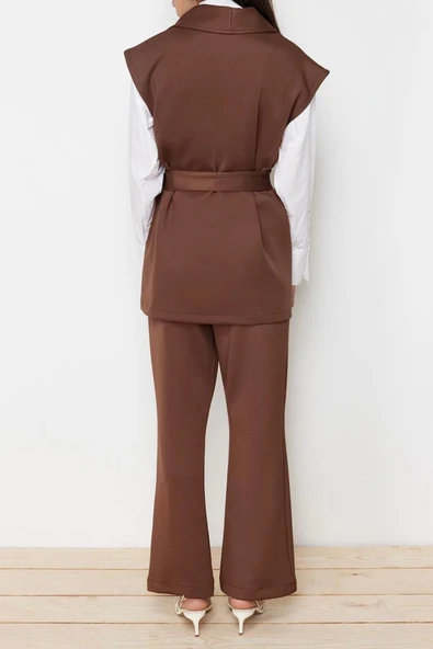 Moda Örme Düz Düşük Kol Casual Günlük Kuşaklı Scuba Örme Alt Üst Takım - 6