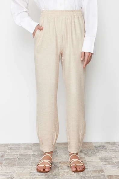 Moda Dokuma Düz Düşük Kol Casual Günlük Taş Keten Görünümlü Yelek Pantolon Dokuma Alt Üst Takım - 5