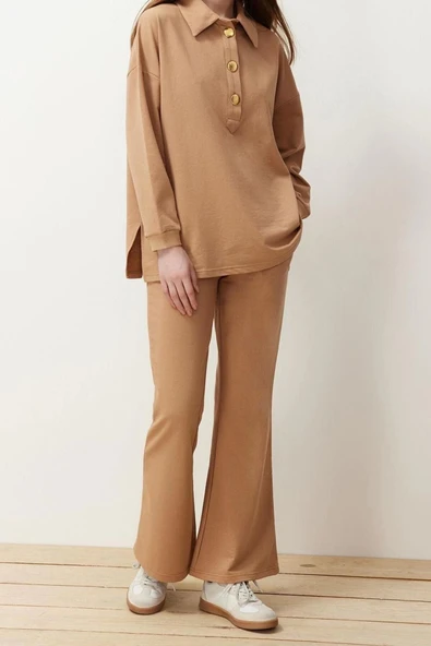 Moda Örme Düz Reglan Kol Casual Günlük Polo Yaka Gold Düğme Detaylı Örme Alt-Üst Takım