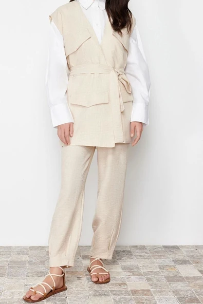 Moda Dokuma Düz Düşük Kol Casual Günlük Taş Keten Görünümlü Yelek Pantolon Dokuma Alt Üst Takım