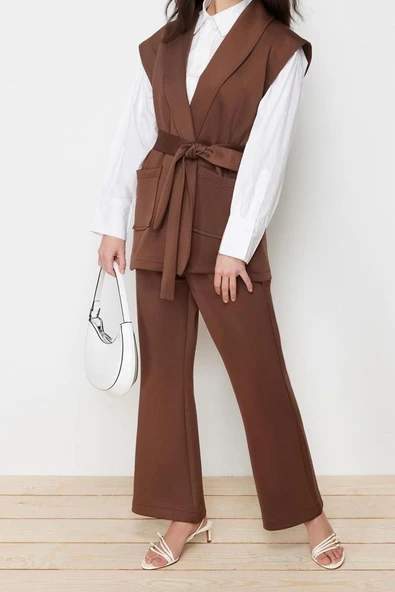 Moda Örme Düz Düşük Kol Casual Günlük Kuşaklı Scuba Örme Alt Üst Takım