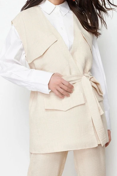Moda Dokuma Düz Düşük Kol Casual Günlük Taş Keten Görünümlü Yelek Pantolon Dokuma Alt Üst Takım - 2