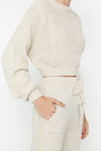 Moda Triko Saç Örgü Bisiklet Yaka Casual Günlük Crop Bisiklet Yaka Triko Alt-Üst Takım - 4