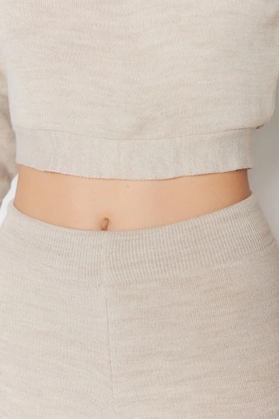 Moda Triko Düz Balıkçı Yaka Casual Günlük Crop Basic Balıkçı Yaka Triko Alt-Üst Takım - 4