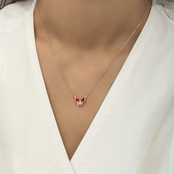 925 Ayar Gümüş Rose Minimal Kelebek Kadın Gümüş Kolye - 2