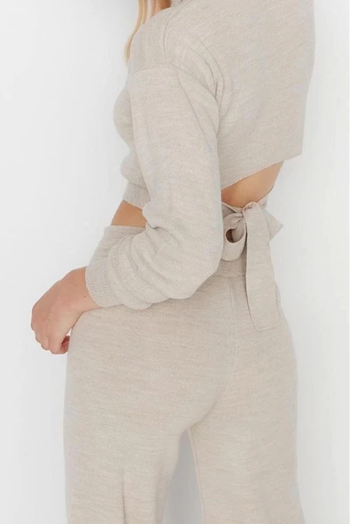 Moda Triko Düz Balıkçı Yaka Casual Günlük Crop Basic Balıkçı Yaka Triko Alt-Üst Takım - 3