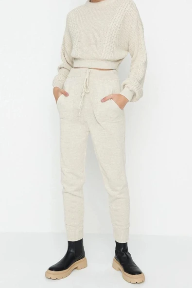 Moda Triko Saç Örgü Bisiklet Yaka Casual Günlük Crop Bisiklet Yaka Triko Alt-Üst Takım