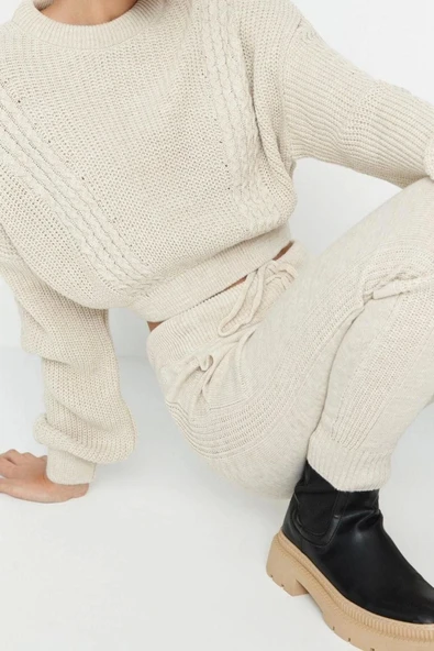 Moda Triko Saç Örgü Bisiklet Yaka Casual Günlük Crop Bisiklet Yaka Triko Alt-Üst Takım - 2