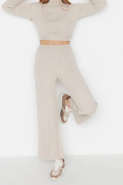 Moda Triko Düz Balıkçı Yaka Casual Günlük Crop Basic Balıkçı Yaka Triko Alt-Üst Takım - 2