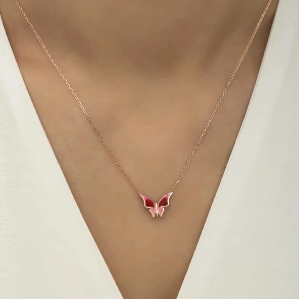 925 Ayar Gümüş Rose Minimal Kelebek Kadın Gümüş Kolye - 3
