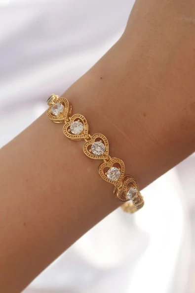 Pirinç Gold Renk İçi Zirkon Taşlı Kalp Figürlü Bileklik - TJ-BB6140 - 2